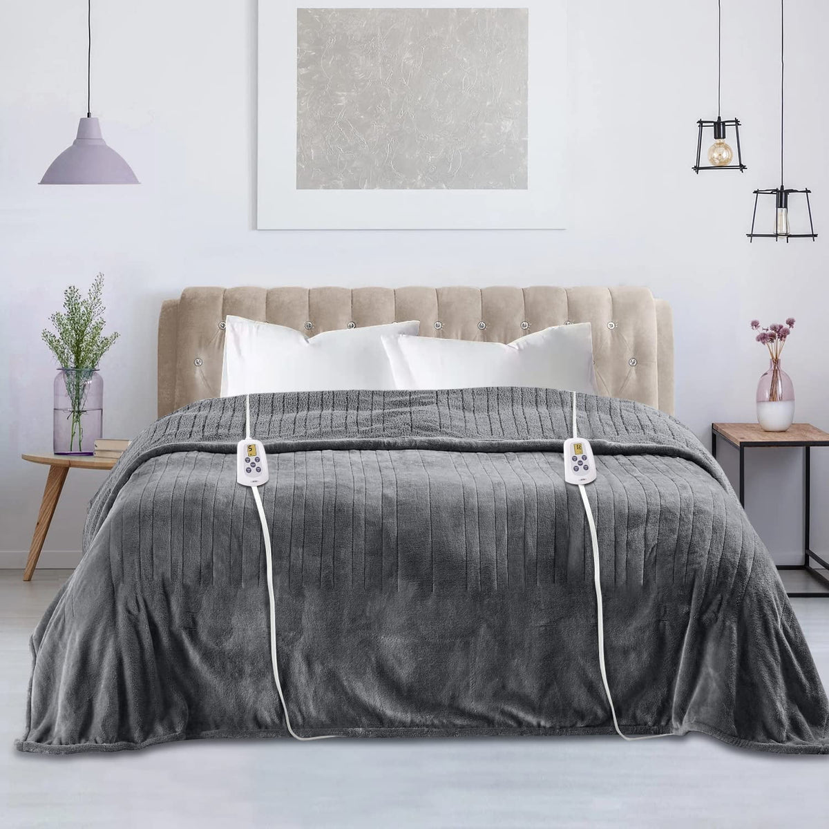 Royalcraft Electric Blanket Queen Size 84"x90" Flannel Heated Throw Blanket, Dual Controls Setting Electric Blanket, 10 Heating Levels, 12H Auto-off, 5 Years Warranty, Machine Washable - White