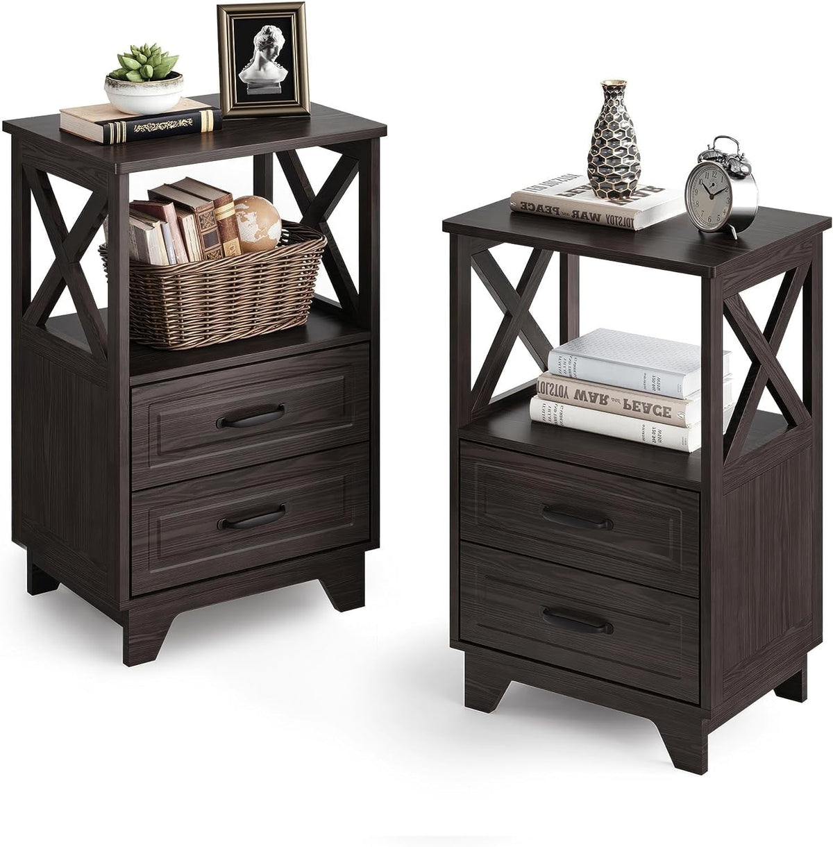 RoyalCraft Nightstand with Drawer, 2-Tier Side Table, Wood End Table with Adjustable Feet and Stable Metal Leg, Modern Night Stand Cabinet for Bedroom, Living Room, Home Office, Charcoal Walnut