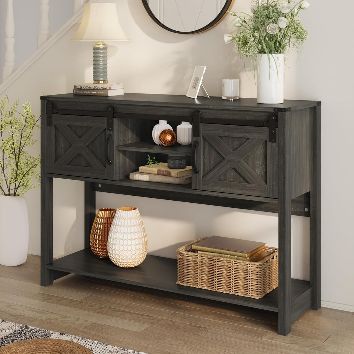 Royalcraft Entryway Table with Storage, 46" Modern Farmhouse Console Table with Sliding Barn Door, Wood Rustic Sofa Table with Adjustable Shelf for Hallway, Living Room, Foyer, White and Rustic Oak