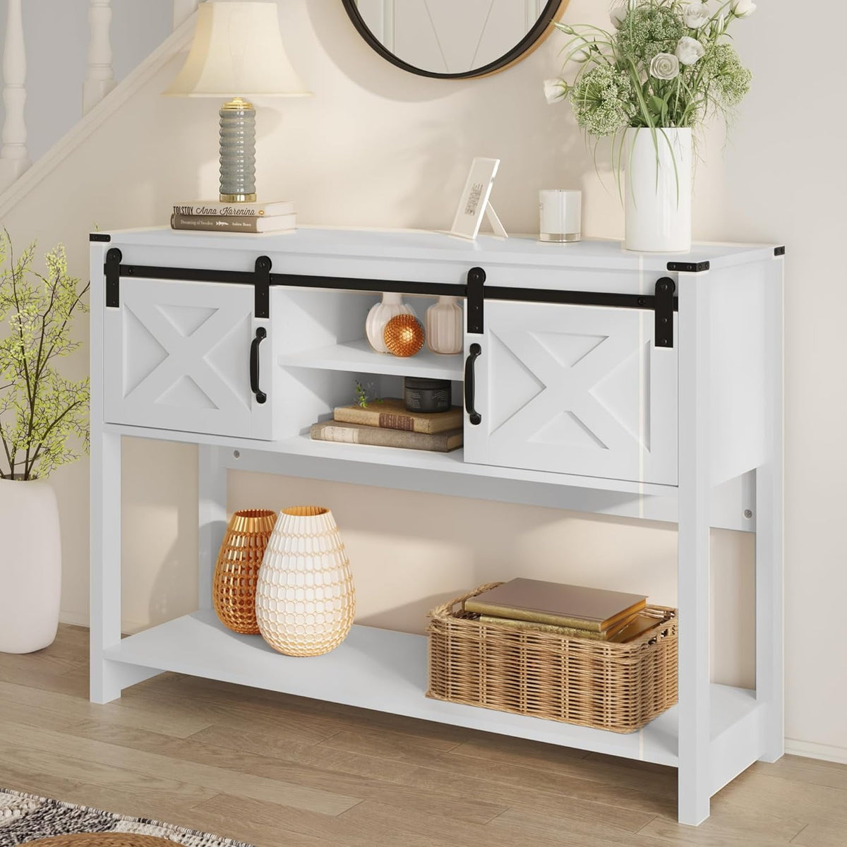 Royalcraft Entryway Table with Storage, 46" Modern Farmhouse Console Table with Sliding Barn Door, Wood Rustic Sofa Table with Adjustable Shelf for Hallway, Living Room, Foyer, White and Rustic Oak