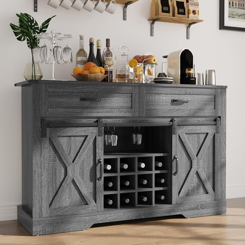 Royalcraft Farmhouse Coffee Bar Cabinet, 52" Wine Cabinet with Sliding Barn Door, Adjustable Shelves, and Steam Holder, Buffet Sideboard Cabinet for Dining Room, Living Room