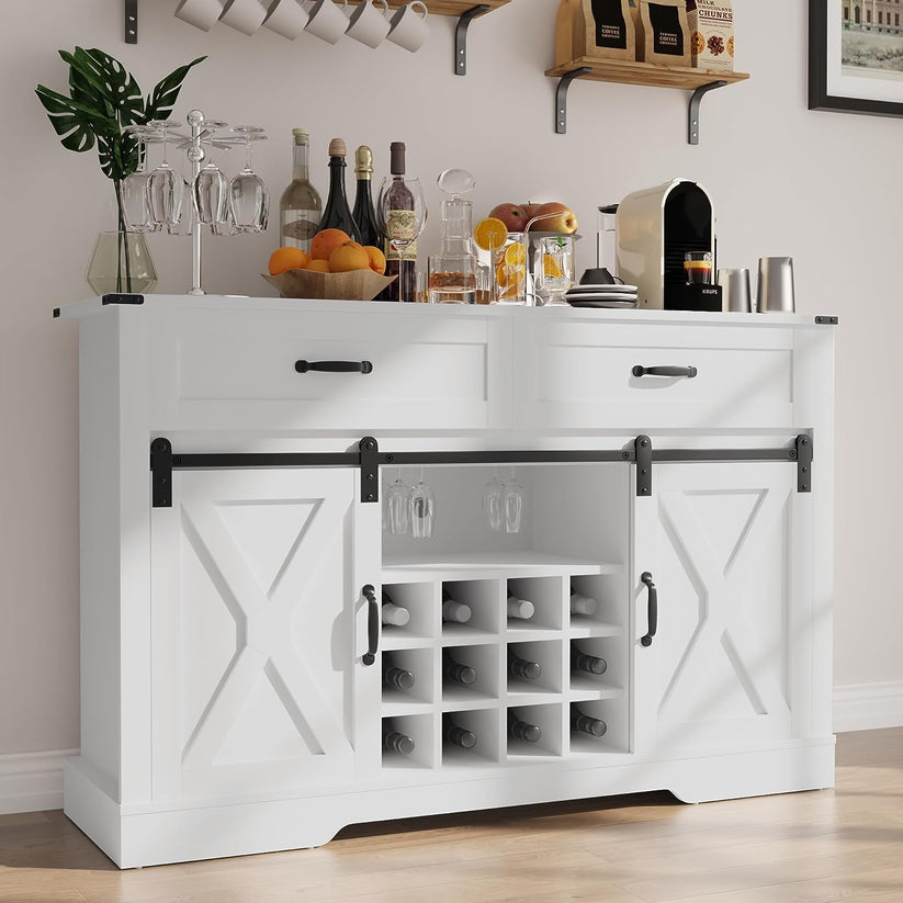 Royalcraft Farmhouse Coffee Bar Cabinet, 52" Wine Cabinet with Sliding Barn Door, Adjustable Shelves, and Steam Holder, Buffet Sideboard Cabinet for Dining Room, Living Room