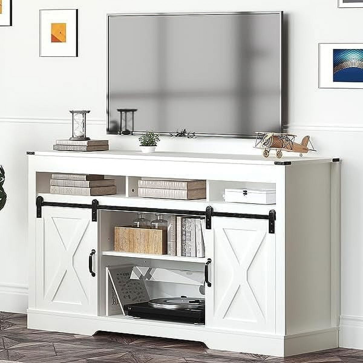 Royalcraft Farmhouse TV Stand for 65+ Inch TV, 34'' White Entertainment Center with Sliding Barn Doors,  Wood  Cabinet Television Stands- White