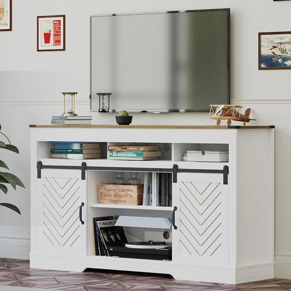 Royalcraft Farmhouse TV Stand for 65+ Inch TV, 34'' White Entertainment Center with Sliding Barn Doors,  Wood  Cabinet Television Stands- White