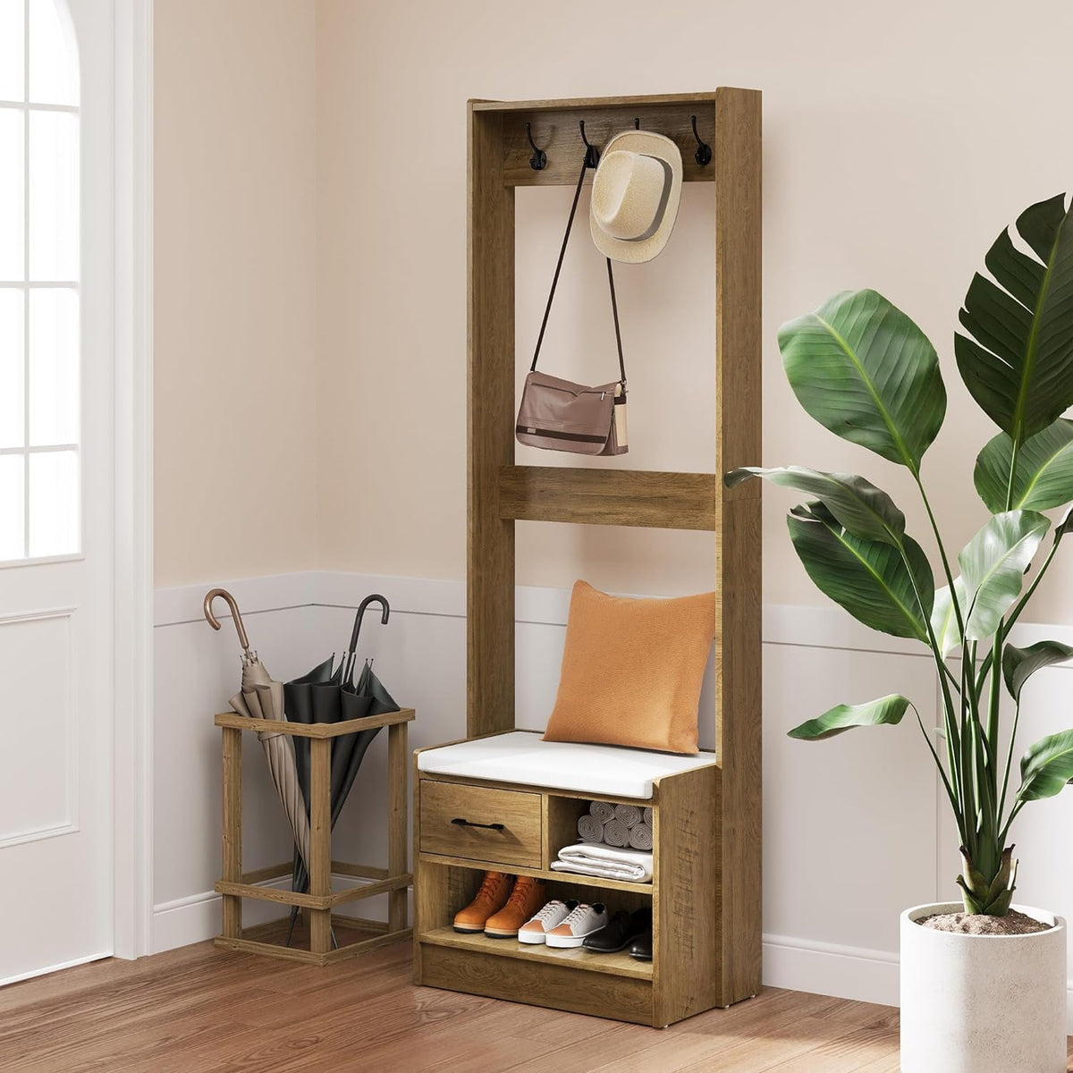 Royalcraft Hall Tree with Bench, Entryway Bench with Coat Rack, Shoe Storage, Soft Cushion, Wood Entryway Furniture