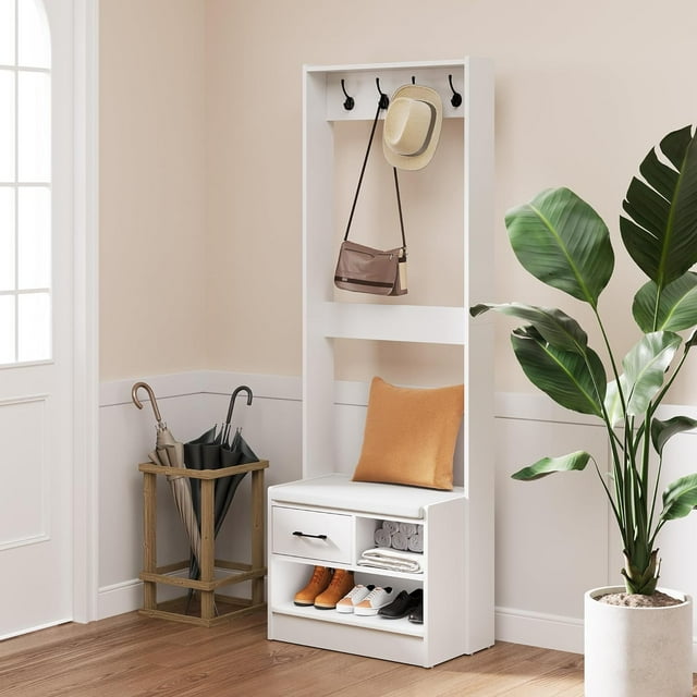 Royalcraft Hall Tree with Bench, Entryway Bench with Coat Rack, Shoe Storage, Soft Cushion, Wood Entryway Furniture