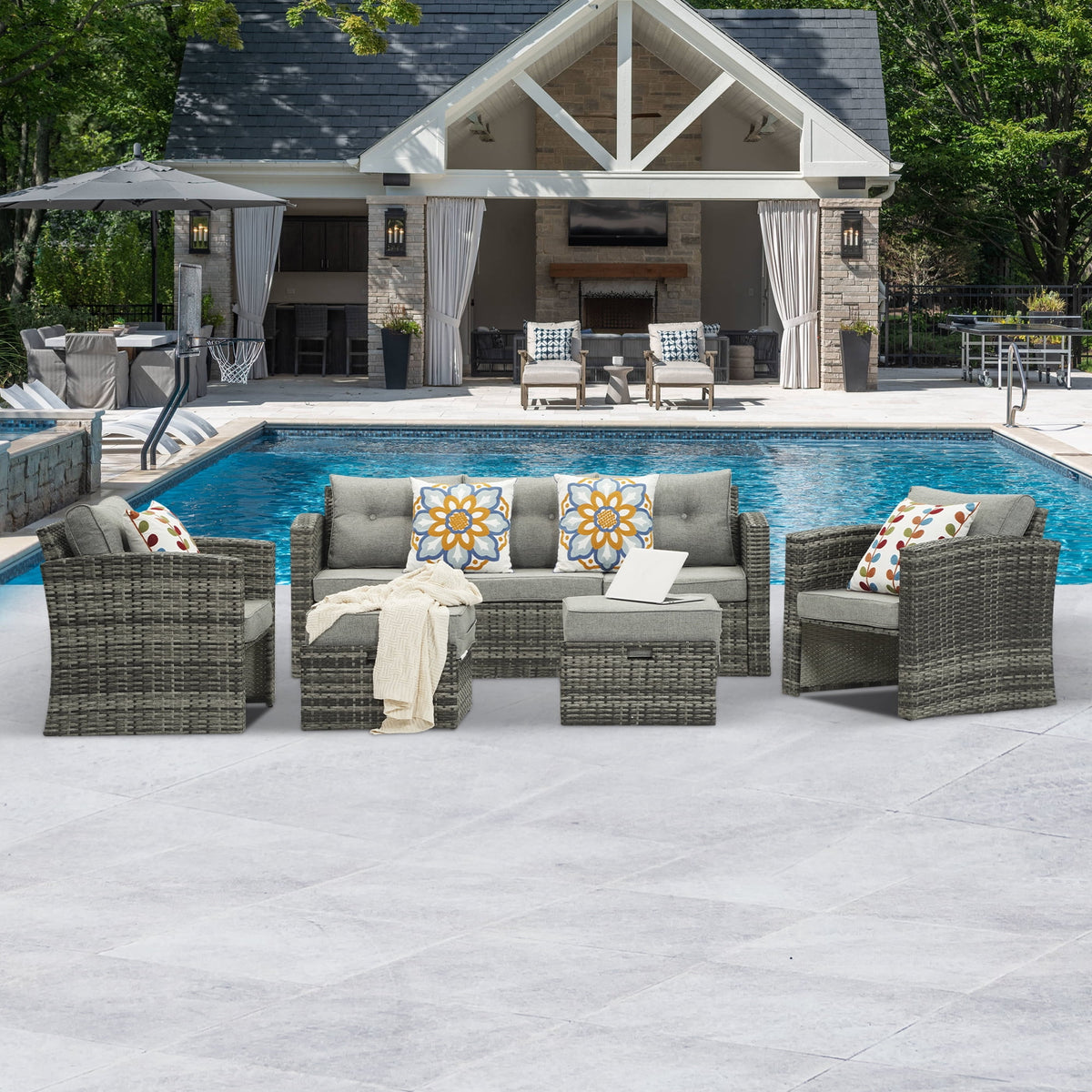 Royalcraft Outdoor Patio Furniture Set,7 Pieces Outdoor Sectional Wicker Sofa PE Rattan Conversation Sets with Non-slip Cushions,Aluminum Frame,Grey