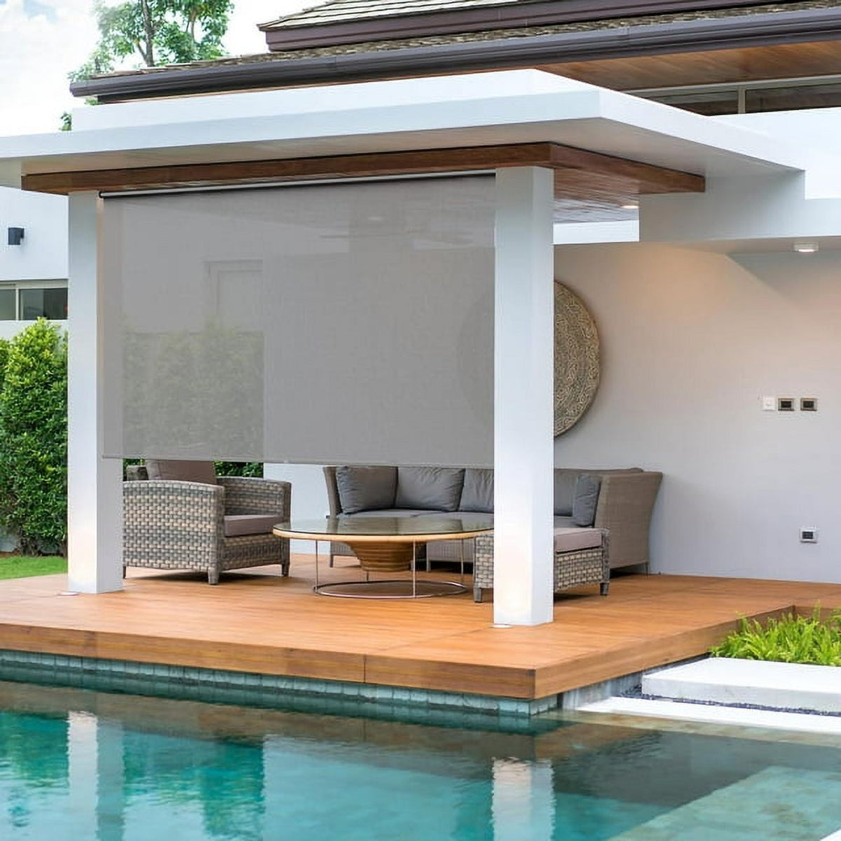 Royalcraft Cordless Outdoor Roller Sun Shade with Pole，8'Wx8'H 420GSM 95% Blockout Waterproof Outdoor Blinds Roll Up for Gazebo Porch, Deck, Pergola,Black
