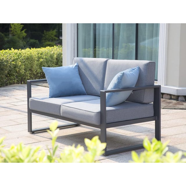 Royalcraft Aluminum Patio Furniture Set, All-Weather 7 Pieces Outdoor Couch Conversation Set Modern Metal Outdoor Sectional Sofa with Ottomans and Coffee Table