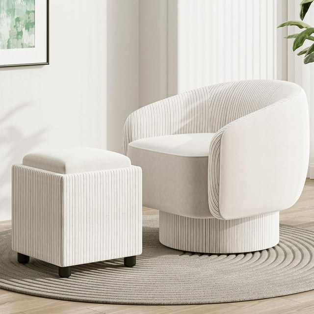 Royalcraft Swivel Accent Chair with Storage Ottoman, 360 Degree Swivel Barrel Chair with Footrest, Beige Velvet Upholstered Chair, Modern Swivel Round Chair for Living Room, Bedroom, Office