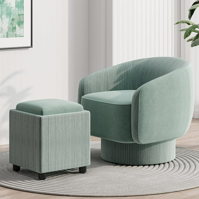 Royalcraft Swivel Accent Chair with Storage Ottoman, 360 Degree Swivel Barrel Chair with Footrest, Beige Velvet Upholstered Chair, Modern Swivel Round Chair for Living Room, Bedroom, Office