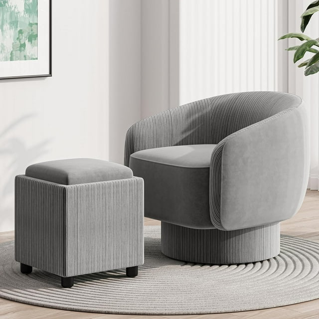 Royalcraft Swivel Accent Chair with Storage Ottoman, 360 Degree Swivel Barrel Chair with Footrest, Beige Velvet Upholstered Chair, Modern Swivel Round Chair for Living Room, Bedroom, Office