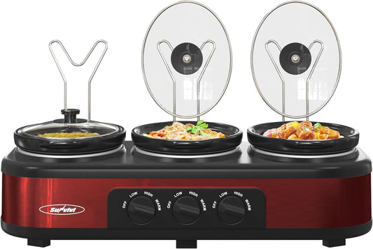 Royalcraft Triple Slow Cooker Buffet Servers and Warmer,3 Pot Food Small Mini Manual Slow Cooker with Adjustable Temp Stainless Steel Lid Rests,Removable Ceramic Pot,4.5 QT Red