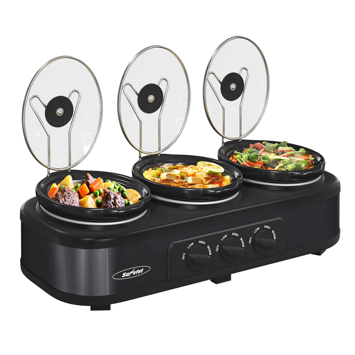 Triple Slow Cooker with 3 Spoons, 3 Pot 1.5 Quart Oval Crock Food Warmer Buffet Server, Stainless Steel