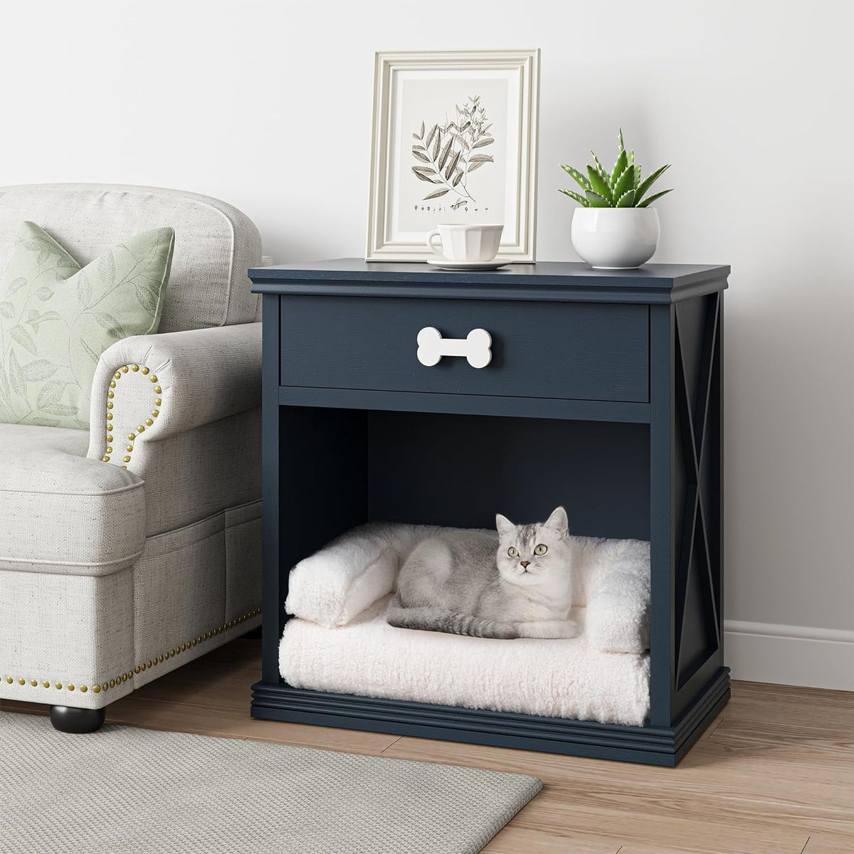 Royalcraft Vintage Small Storage Cabinet with Led Light, Hidden Cat Litter Box with Drawer and Semi-Open Space, Multi-Functional Nightstands with Pet House for Living Room, Bedroom, Blue