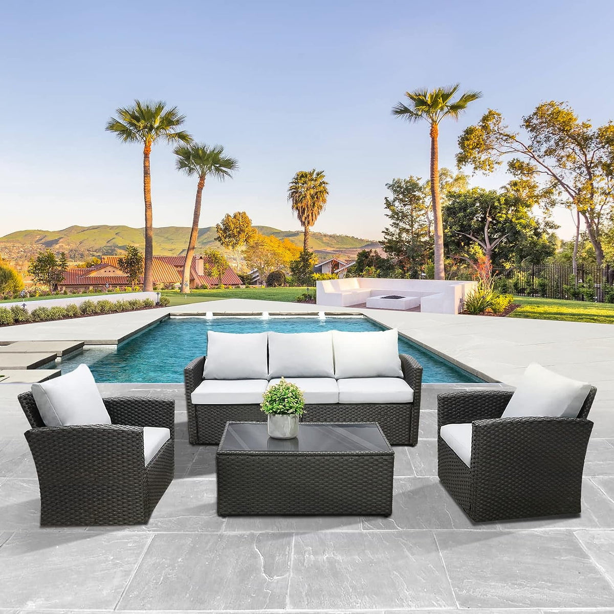 Royalcraft Wicker Patio Furniture Set,4 Pieces Outdoor Conversation Set with Tempered Glass Coffee Table and Thick Cushion, Rattan Couch Sofa Armchair Seat for Garden Backyard, Grey