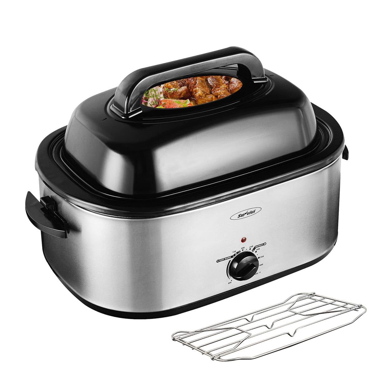 Royalcraft 26 Quart Electric Turkey Roaster Oven with Visible & Self-Basting Lid, Stainless Steel,Black
