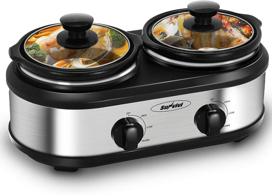 Royalcraft Double Slow Cooker, 2 Pot 1.25 Quart Oval Crock Food Warmer Buffet Server, Stainless Steel