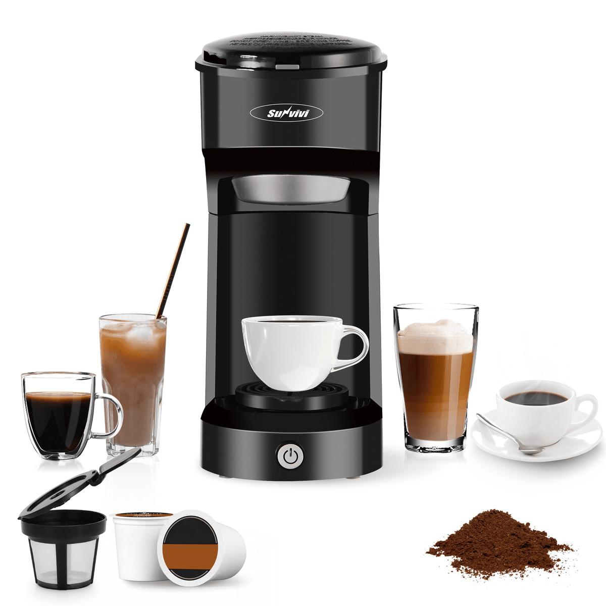 Single Serve Coffee Maker Coffee Brewer 6 to 14 oz With Permanent Filter, Compatible with Single Cup Pod & Ground Coffee, Red