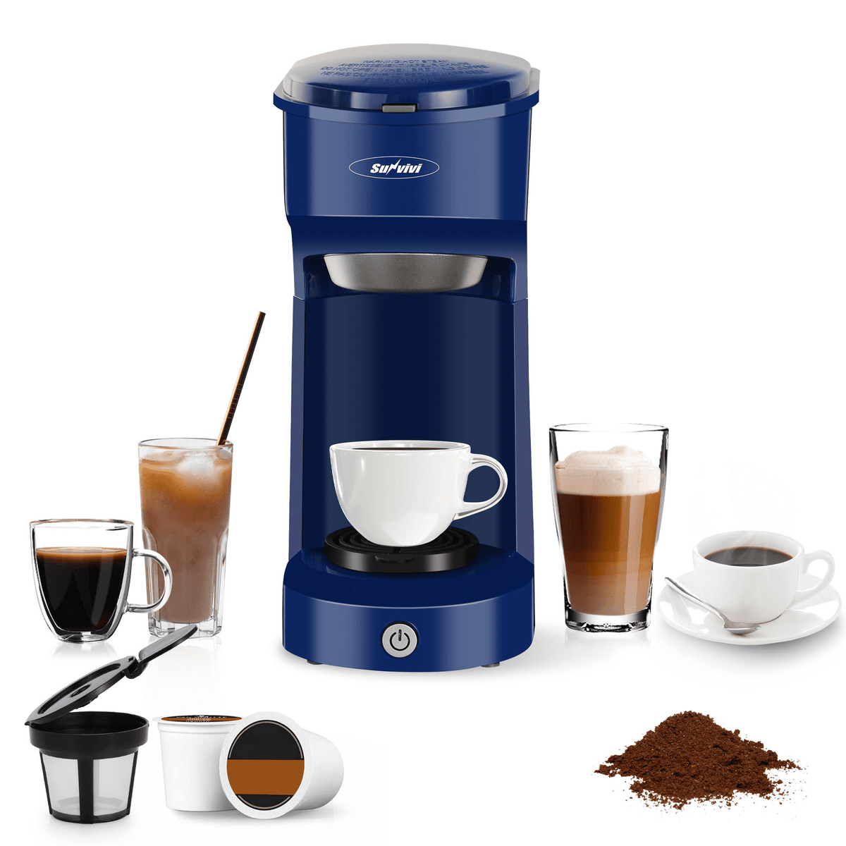 Single Serve Coffee Maker Coffee Brewer 6 to 14 oz With Permanent Filter, Compatible with Single Cup Pod & Ground Coffee, Red