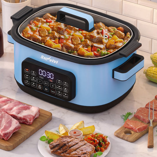 Royalcraft 12-in-1 Digital Programmable Slow Cooker, 6.5 QT Large Multicooker, Multi-Cooker with Timer, Temp Control, Blue