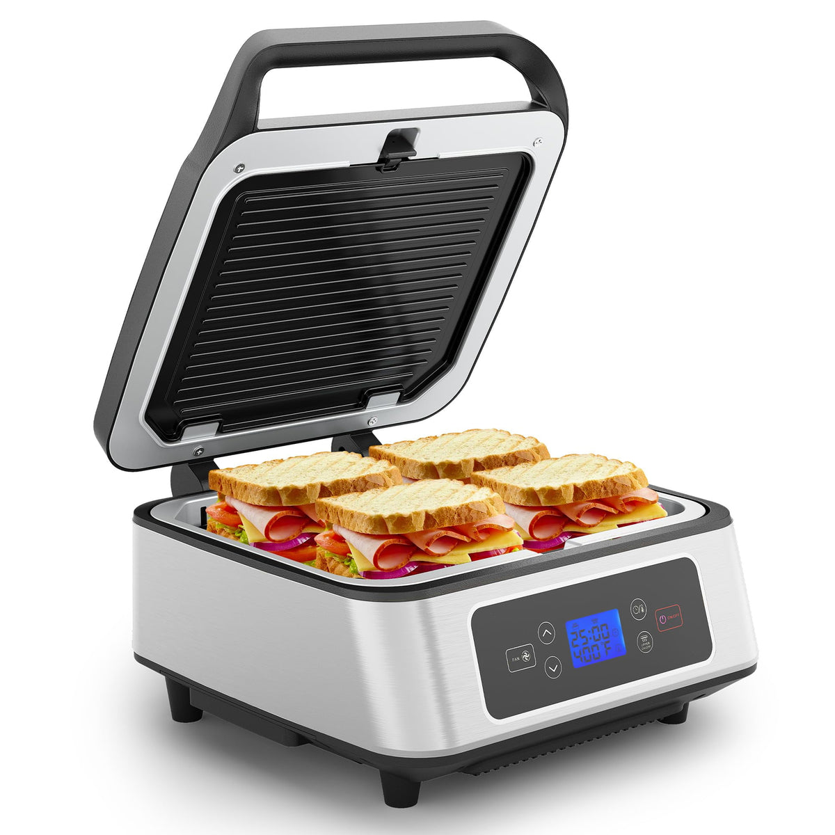 Royalcraft 1300W Smokeless Indoor Grill, Electric Panini Press Sandwich Maker with Auto-Lift, Fan, Independent Upper Heating, Smart Time & Temperature Control, Removable Non-Stick Plates