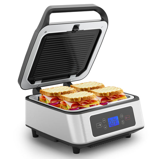 Royalcraft 1300W Smokeless Indoor Grill, Electric Panini Press Sandwich Maker with Auto-Lift, Fan, Independent Upper Heating, Smart Time & Temperature Control, Removable Non-Stick Plates