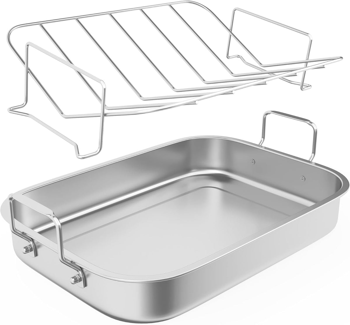 Royalcraft 15.6in  Roasting Pan with V-Shaped Rack, Rectangular Lasagna Pan with Handle, Non-Stick Stainless Steal Roaster for Turkey, Chicken, Vegetable, Silver