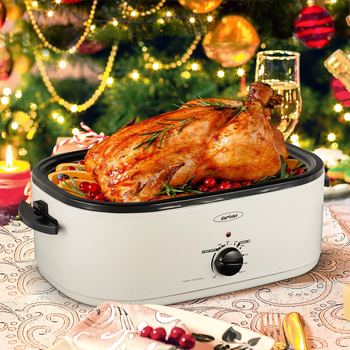 Royalcraft 26 Quart Electric Turkey Roaster Oven with Visible & Self-Basting Lid, Stainless Steel,Black