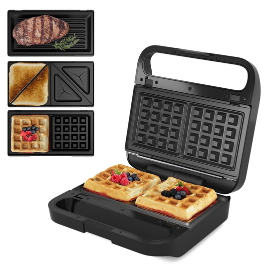 Royalcraft 3 in 1 Sandwich Maker, Electric Waffle Maker with Removable Non-stick Plates, 850W Panini Press Grill with Glass Top, Cool Touch Handle & Easy to Clean, Black