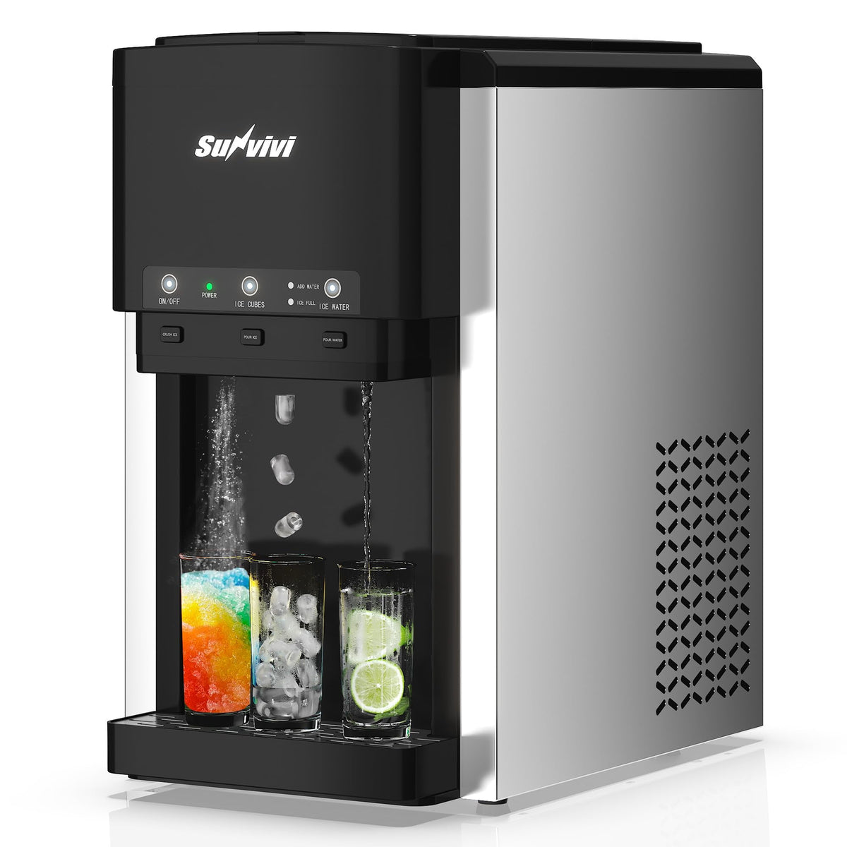 Royalcraft 3 in 1 Water Dispenser with Ice Maker, Ice Crushing & Ice Water, Nugget Ice Maker Countertop, 44lbs in 24Hrs, 12 Ice Cubes in 6 Mins, Ice Dispenser, Ideal for Home, Kitchen, RV