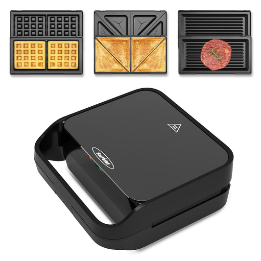 Royalcraft 3-in-1 Electric Sandwich Maker & Waffle Grill, 850W Panini Press with Non-Stick Removable Plates & Tempered Glass Top, Cool Touch Handle, Easy to Clean, Black