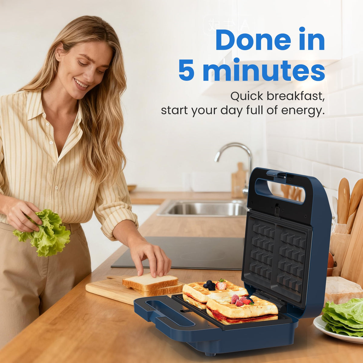 Royalcraft 3-in-1 Electric Sandwich Maker Waffle Grill Panini Press 1000W Non-Stick Removable Plates Blue