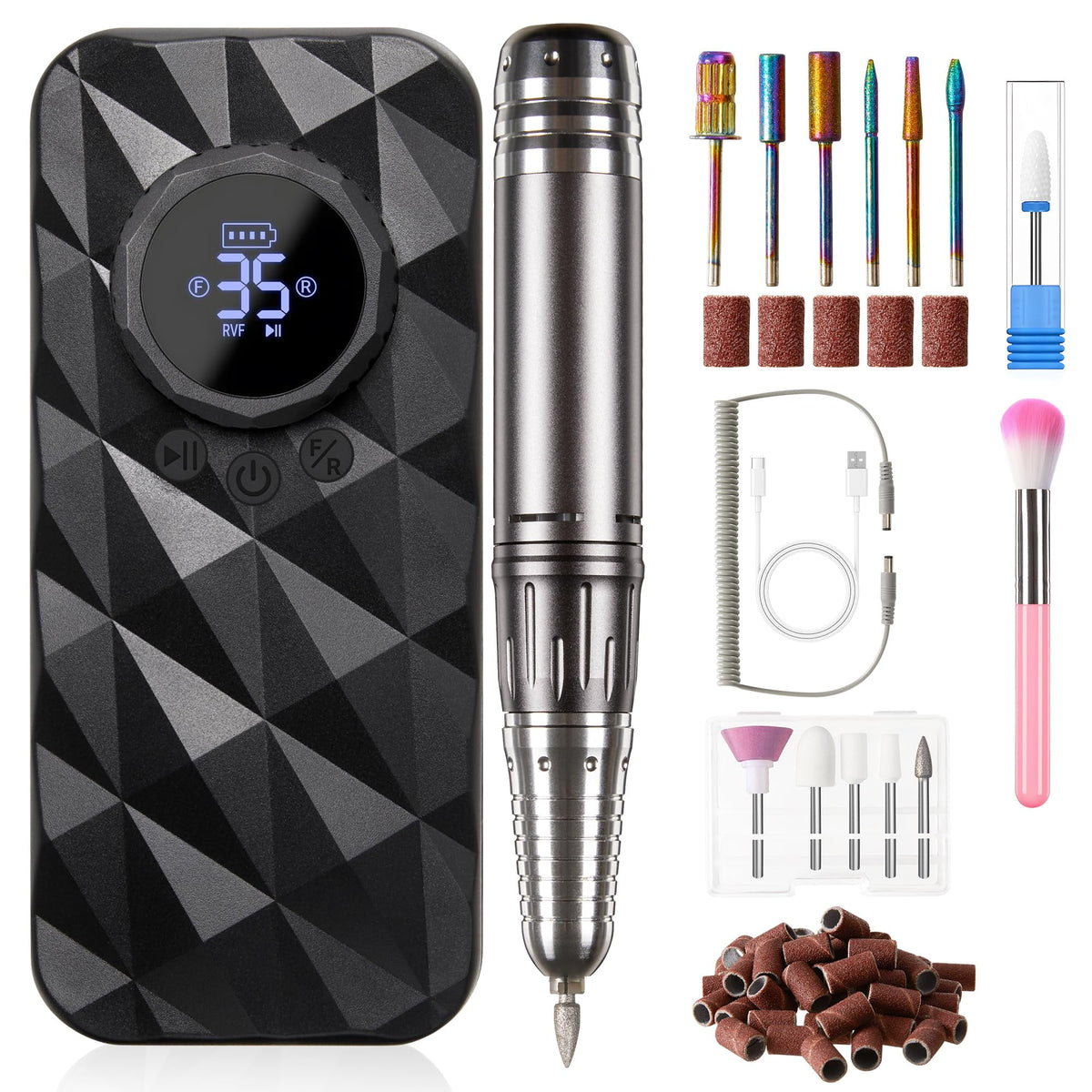 Royalcraft 40000RPM Electric Nail Drill, Rechargeable Nail File Set for Acrylic Nails Gel Polishing, Professional Nail Drill Machine Efile Manicure Pedicure Tools with Nail Drill Bits for Home Salon Use