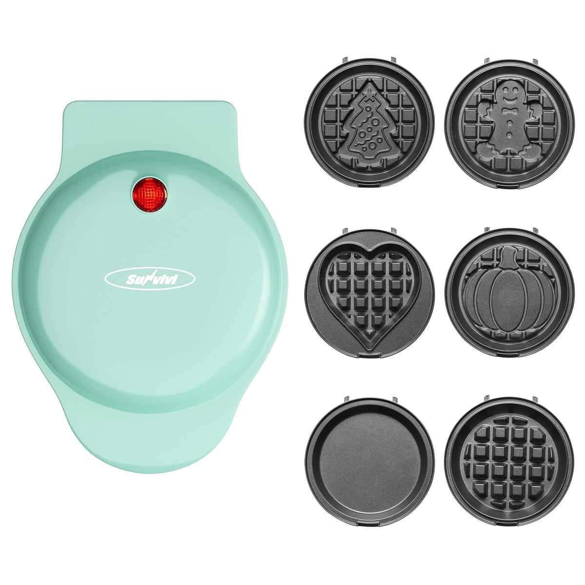 Royalcraft 6 in 1 Mini Waffle Maker, 4¡± Waffle Iron with Removable Non-stick Plates, Perfect Mini Waffle Maker for Kids and Families, Light Blue