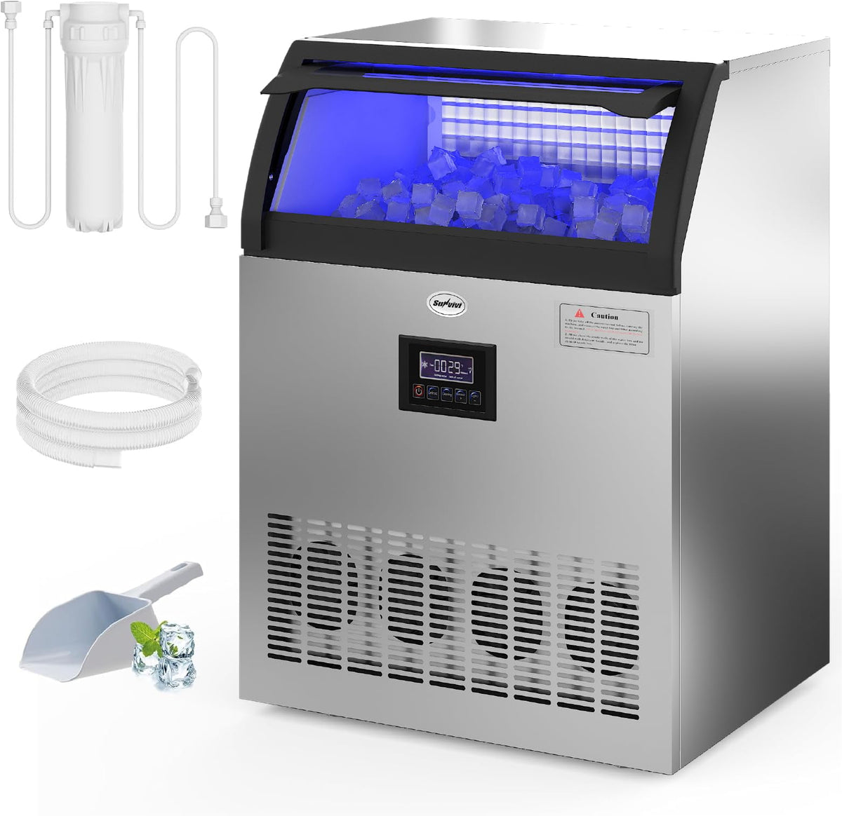 Royalcraft Commercial Ice Maker Machine, 265LBS/24H, 55LBS Storage Bin, Stainless Steel Under Counter Ice Machine for Restaurants, Bars, and Home Use, Includes Water Filter, Scoop, and Hose