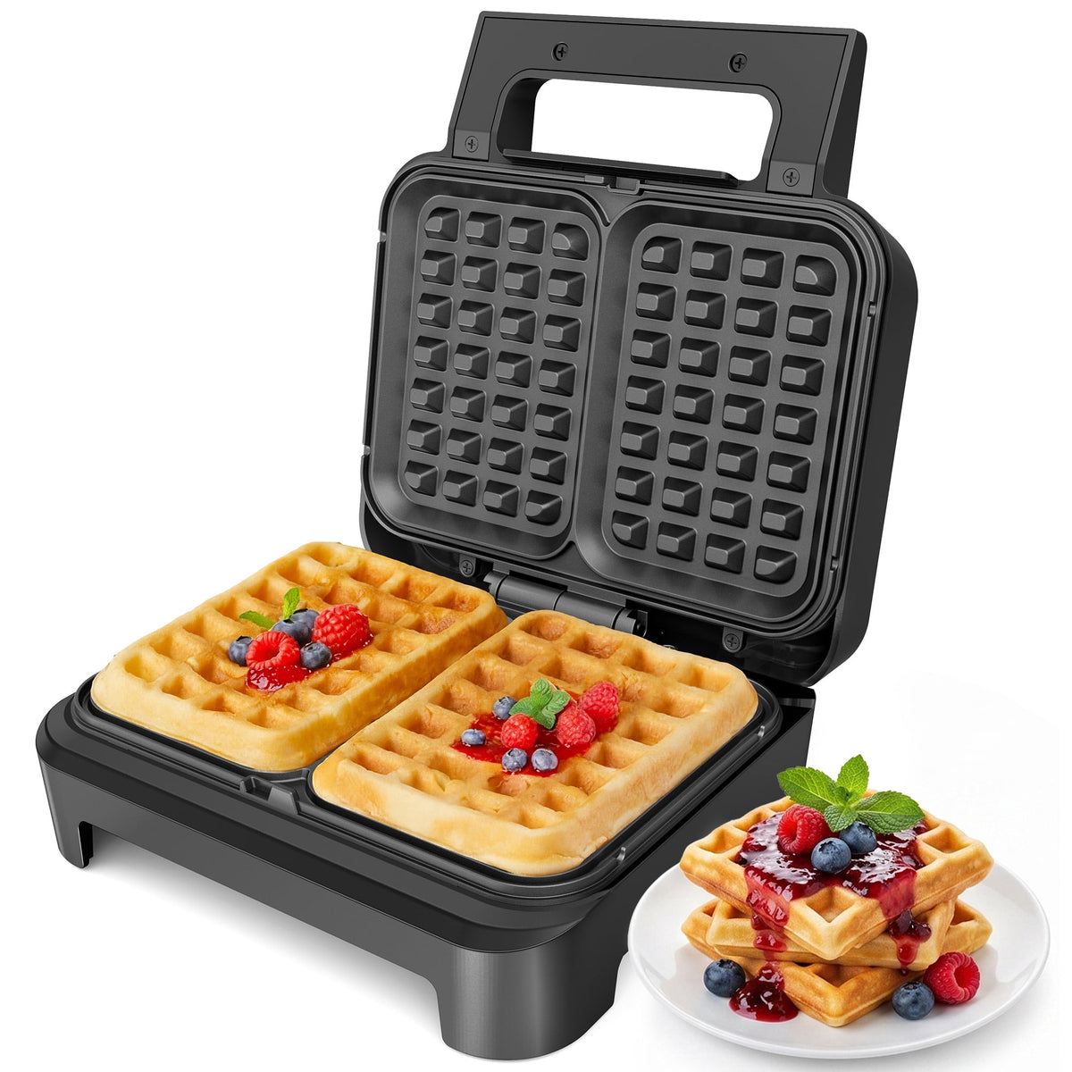 Royalcraft Nonstick Waffle Machine, 2 Slices Waffle Iron, Electric Breakfast Maker with Temp Control & Indicator Light, Easy to Clean, Black