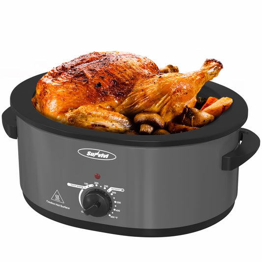 Royalcraft Roaster Oven with Self-Basting Lid, 8qt Electric Roaster with Removable Pan & Rack, Turkey Roaster Oven with Defrost & Warm Function, Stainless Steel, Grey