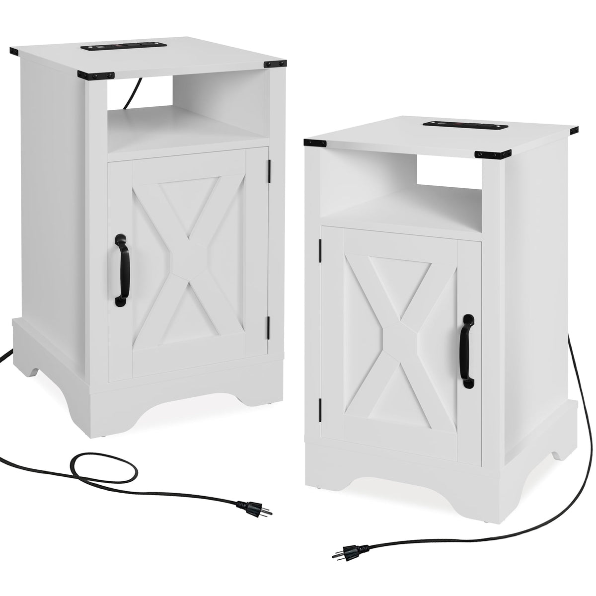Superjoe 2Pcs Farmhouse Nightstand w/Charging Station, Wooden Rustic Tall Bedside Table, End Table w/Storage Shelf & Shelf for Bedroom, Living Room, White