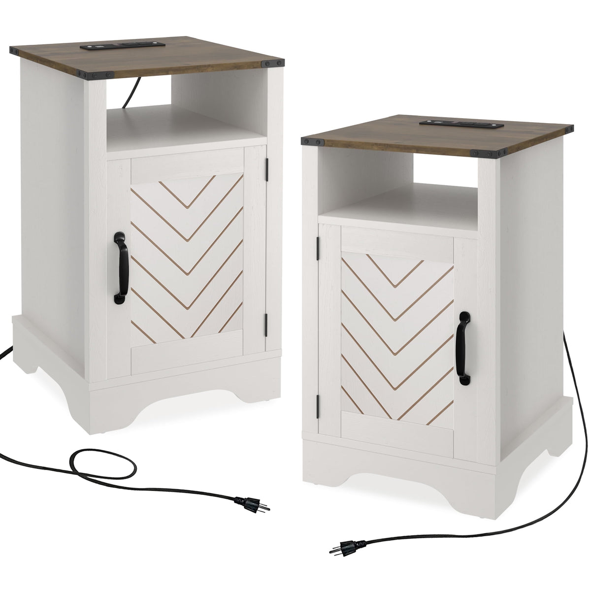 Superjoe 2Pcs Farmhouse Nightstand w/Charging Station, Wooden Rustic Tall Bedside Table, End Table w/Storage Shelf & Shelf for Bedroom, Living Room, Wood-Tone White