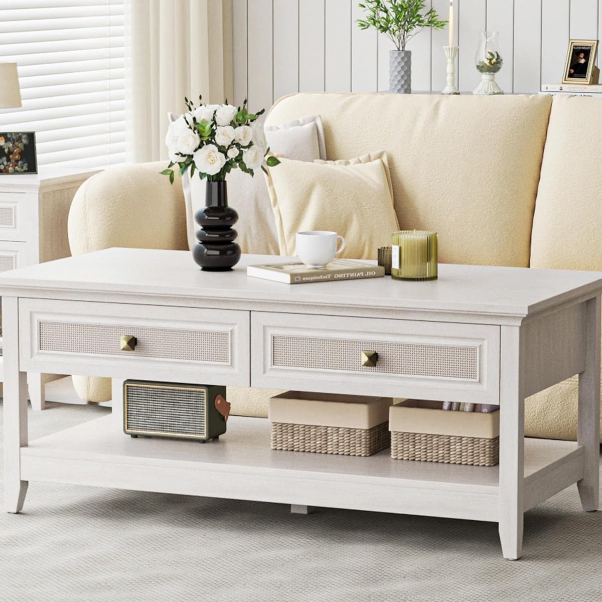 Superjoe 44" Rattan Farmhouse Grey Table with 2 Drawers, Boho 2 Tier Tea Table, Accent Center Sofa Table with Storage Shelf, Grayish White