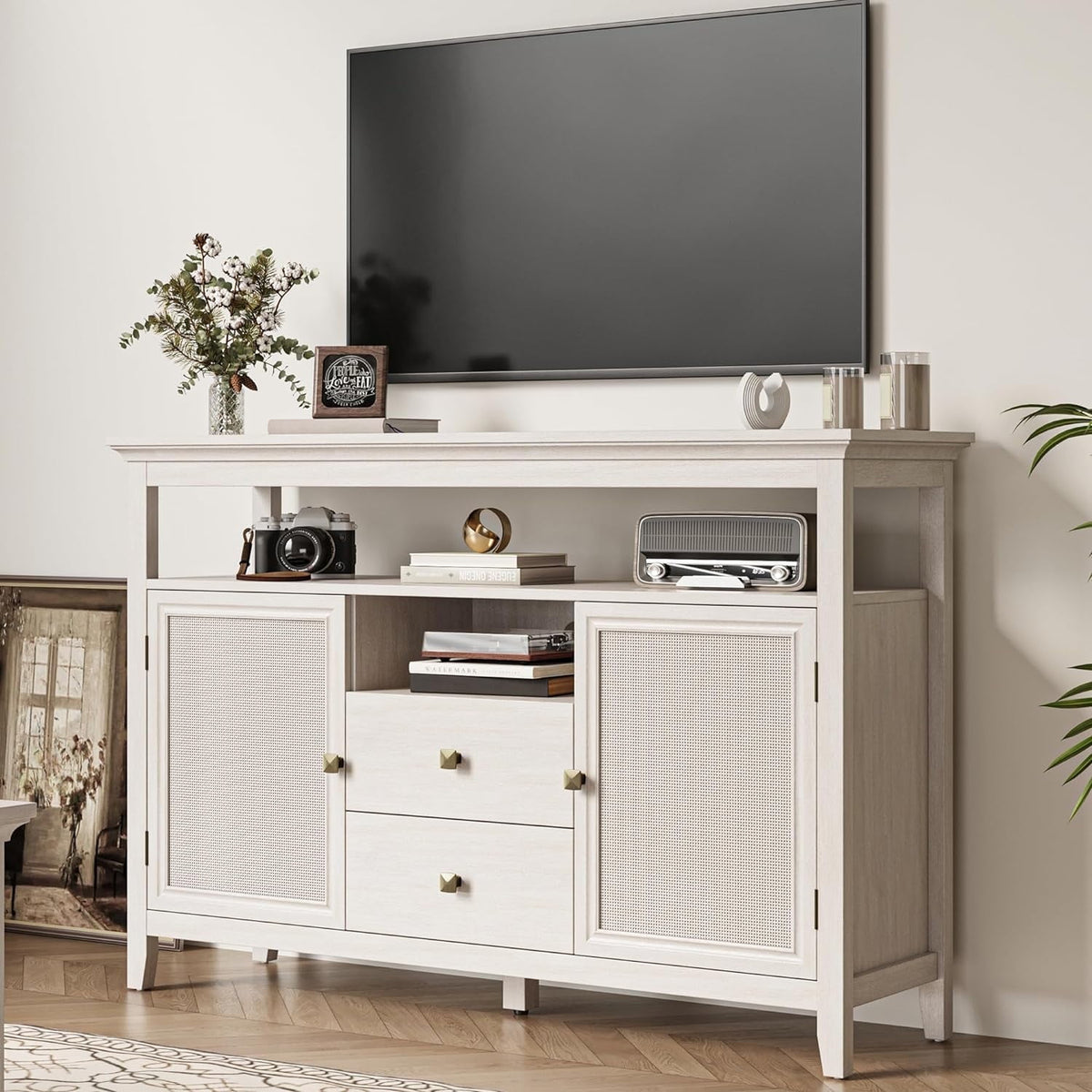 Superjoe 52.8" Rattan Sideboard, Boho Farmhouse Storage Cabinet with Adjustable Shelves, Accent Buffet Cabinet for Kitchen, Dining Room, Living Room, Grayish White