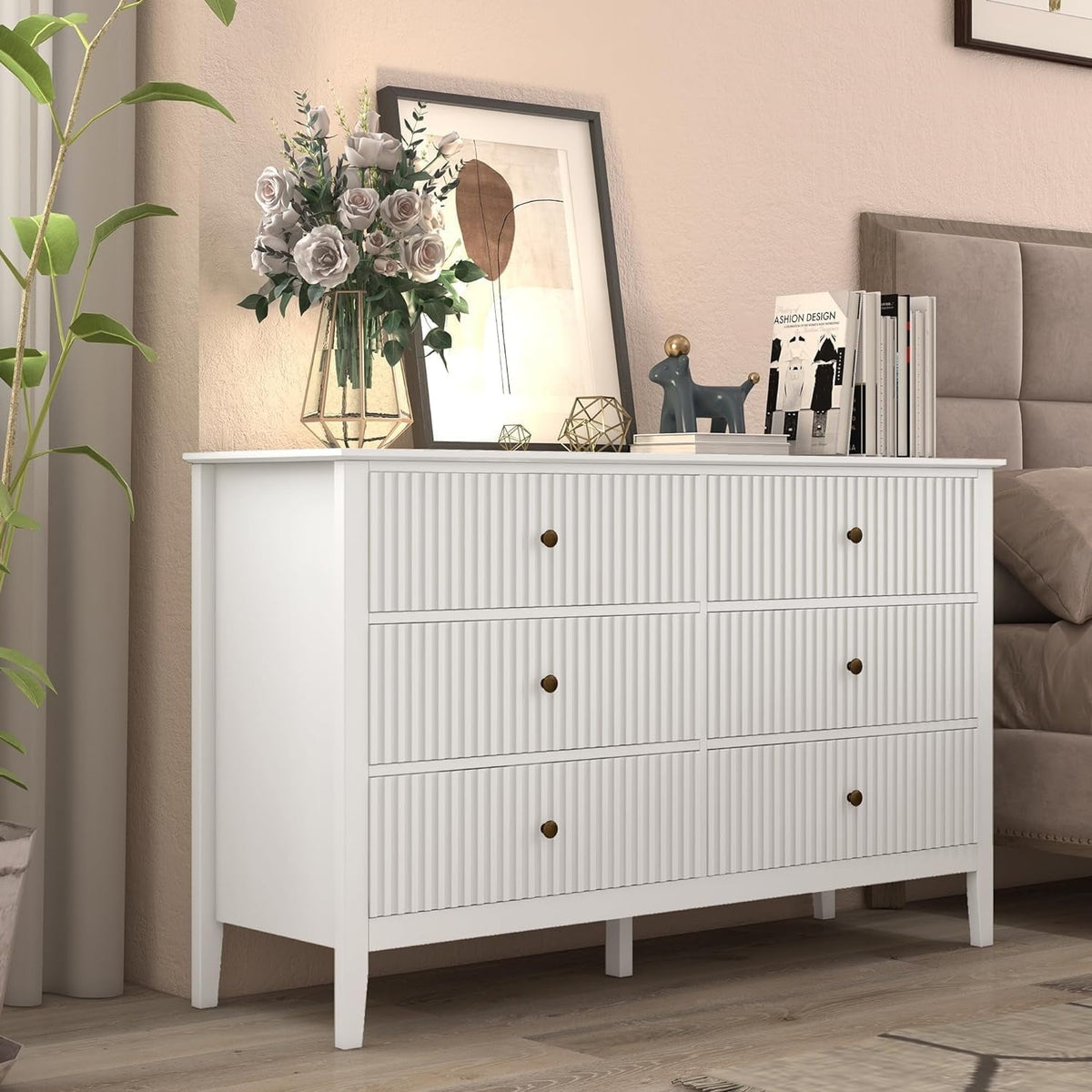 Superjoe 6 Drawer White Dresser for Bedroom, Modern Storage Chest w/Silent Slide & Waterproof Lacquered Desktop, Wood Side Organizer Cabinet for Living Room, Study Room, Nursery