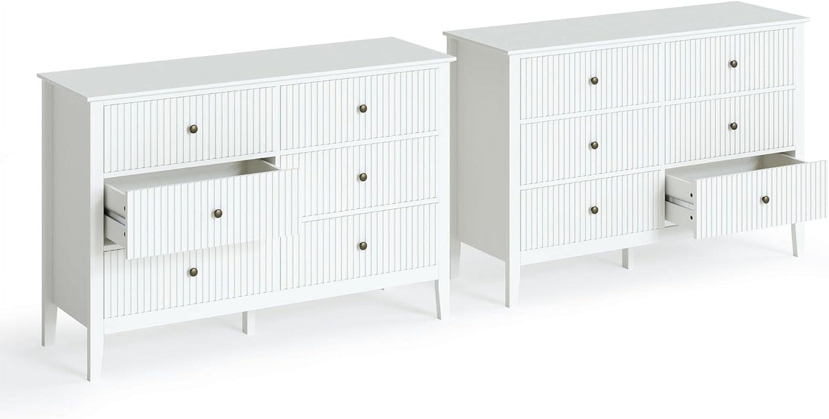 Superjoe 6 Drawer White Dresser Set of 2 for Bedroom, Modern Storage Chest w/Silent Slide & Waterproof Lacquered Desktop, Wood Side Organizer Cabinet for Living Room, Study Room, Nursery