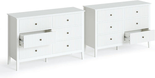 Superjoe 6 Drawer White Dresser Set of 2 for Bedroom, Modern Storage Chest w/Silent Slide & Waterproof Lacquered Desktop, Wood Side Organizer Cabinet for Living Room, Study Room, Nursery