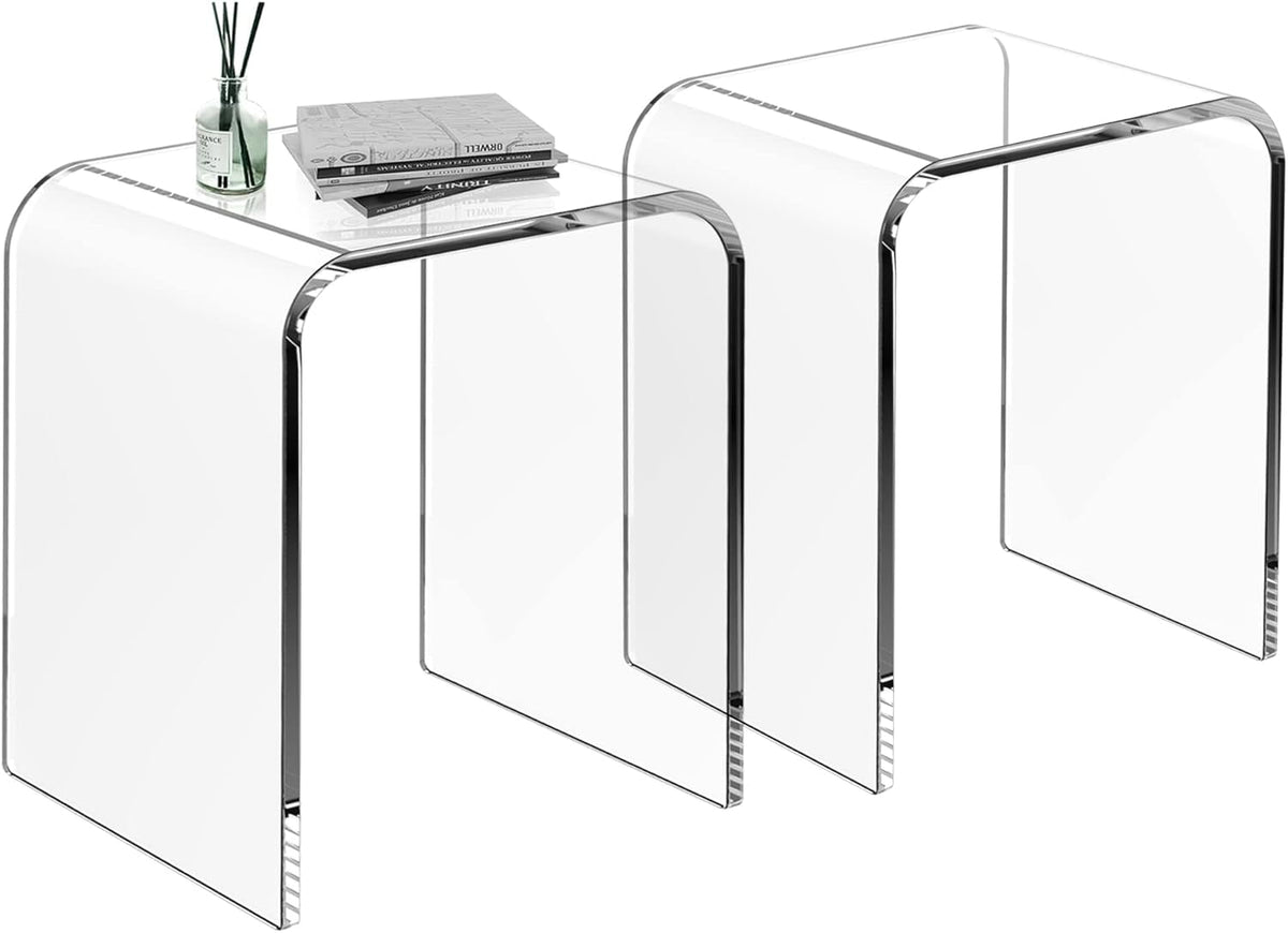 Superjoe Acrylic End Table Set of 2, Clear Lucite Coffee Table with Waterfall Edges, Contemporary Square Nightstand and Side Table for Small Living Room, Bathroom, Bedroom and Office
