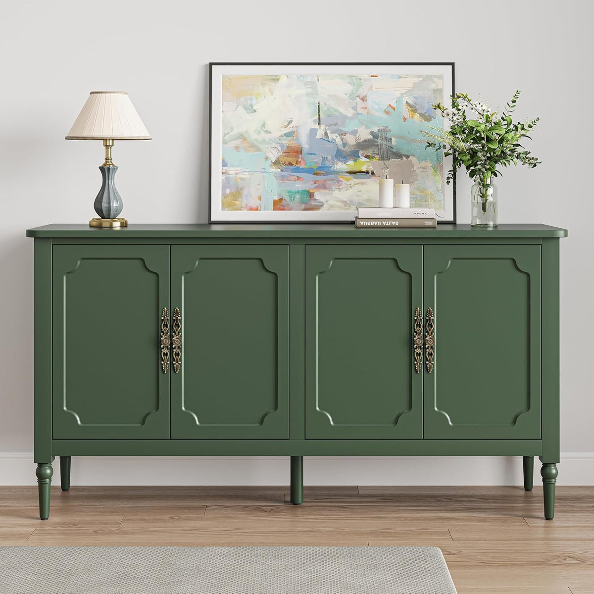 Superjoe Console Cabinet, 58'' Mid Century Modern Pantry Cabinet, Wood Buffet Cabinet, Media Cabinet with 4 Doors, Accent Cabinet for Entryway, Living Room, Bedroom, Dining Room (Green)