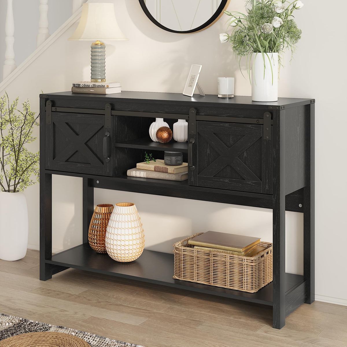 Superjoe Farmhouse Entryway Table with Storage, 46" Console Table with Sliding Barn Door, Wood Rustic Sofa Table with Adjustable Shelf for Hallway, Living Room, Foyer, Black