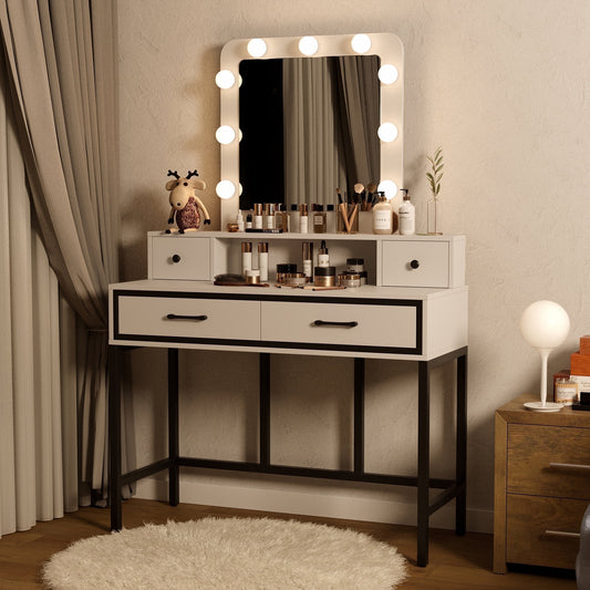 Superjoe Makeup Vanity 3 Color Hollywood Mirror with Dimmable Lighted, Vanity Table with 4 Drawers for Women Girls, Dressing Desk for Bedroom, Beauty Room, White