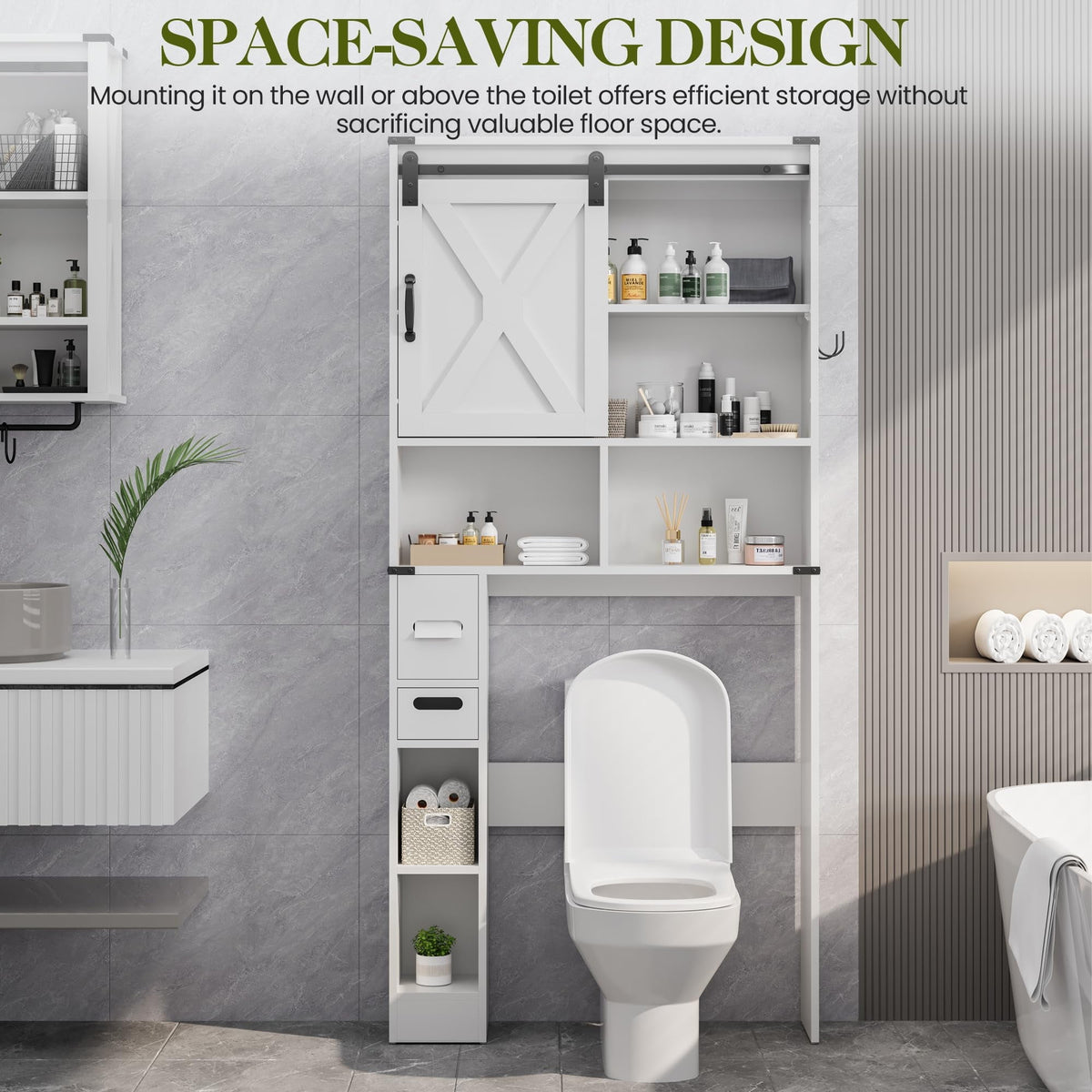 Superjoe Over The Toilet Storage Cabinet, Farmhouse Storage Cabinet Over Toilet with Sliding Barn Door, Home Space-Saving Toilet Rack, Behind Toilet Bathroom Organizer for Bathroom, White